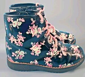 Girls Rain Boots Ankle Dark Floral Lace Up & Zip The Place Sz 9 Flat